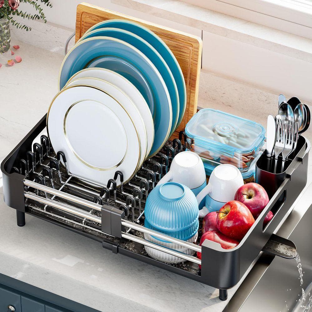 Lynzavix Black Extendable Foldable Dish Rack with Drainboard ...
