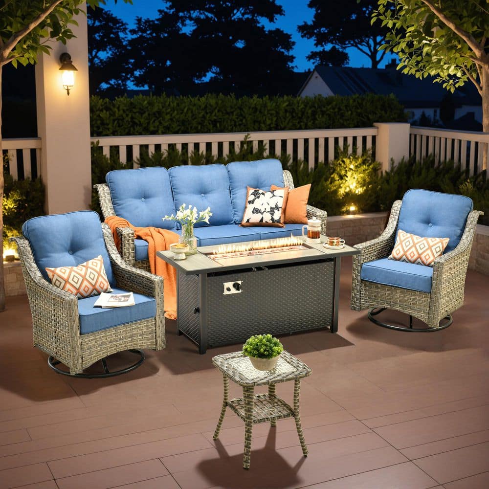 Tulip O 5-Piece Wicker Patio Conversation Seating Set with Fire Pit and Diamond Blue Cushions price history on PriceWatchPro