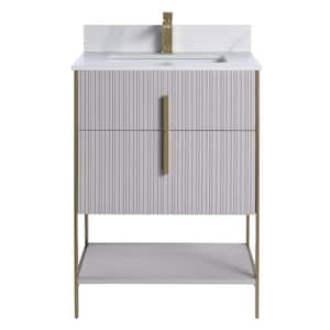 24 in. W x 18 in. D x 33.5 in. H Bath Vanity in Taupe with White Carrara Sintered Stone Top with Satin Brass Hardware