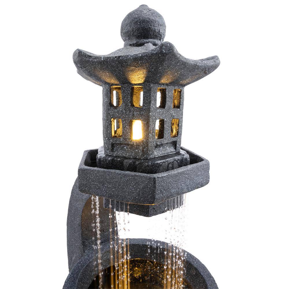 Gray Cement Zen Pagoda Fountain with LED Lights, 31"