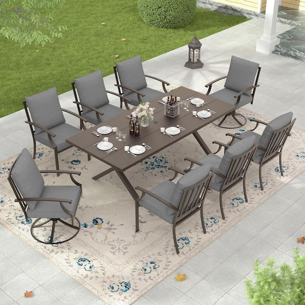 9-Piece Metal Rectangular Outdoor Patio Dining Set with 2 Swivel Chairs, 6 fixed Chairs, Grey