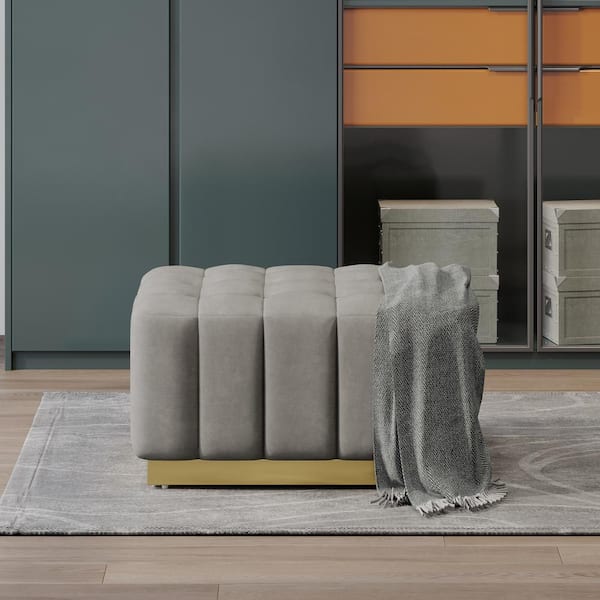 Noble House Bergeson Gray and Gold Tufted Ottoman