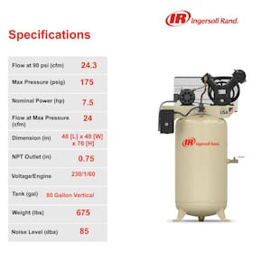 Type 30 Reciprocating 80 Gal. 7.5 HP Electric 230-Volt, Single Phase Air Compressor