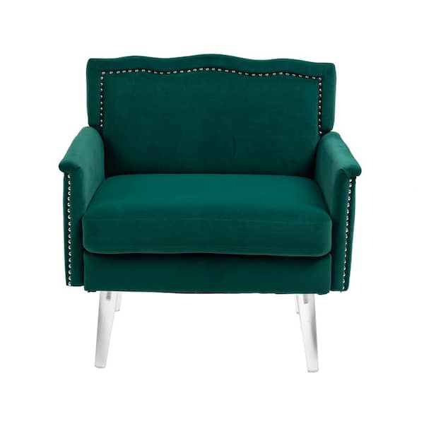 Unbranded Green Accent Velvet Upholstered Tufted Nailhead Trimmed Arm Chair Transparent Acrylic Legs