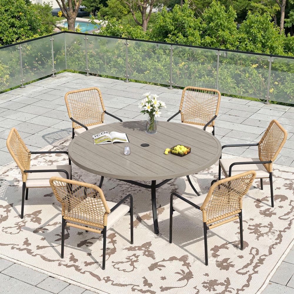 7-Piece Metal Outdoor Dining Set with 50 in. Gray Wood-Like Round Table and 6-Woven Rattan Chairs with Beige Cushions price history on PriceWatchPro