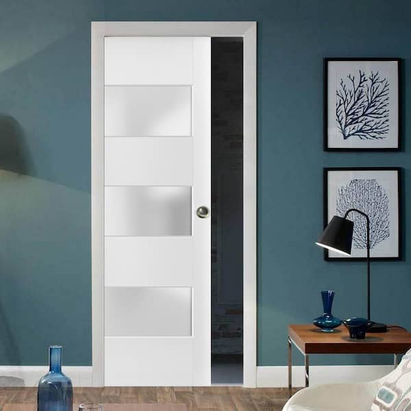 4070 28 in. x 80 in. 3 in. Panel White Finished Pine Wood Sliding Door with Pocket Hardware