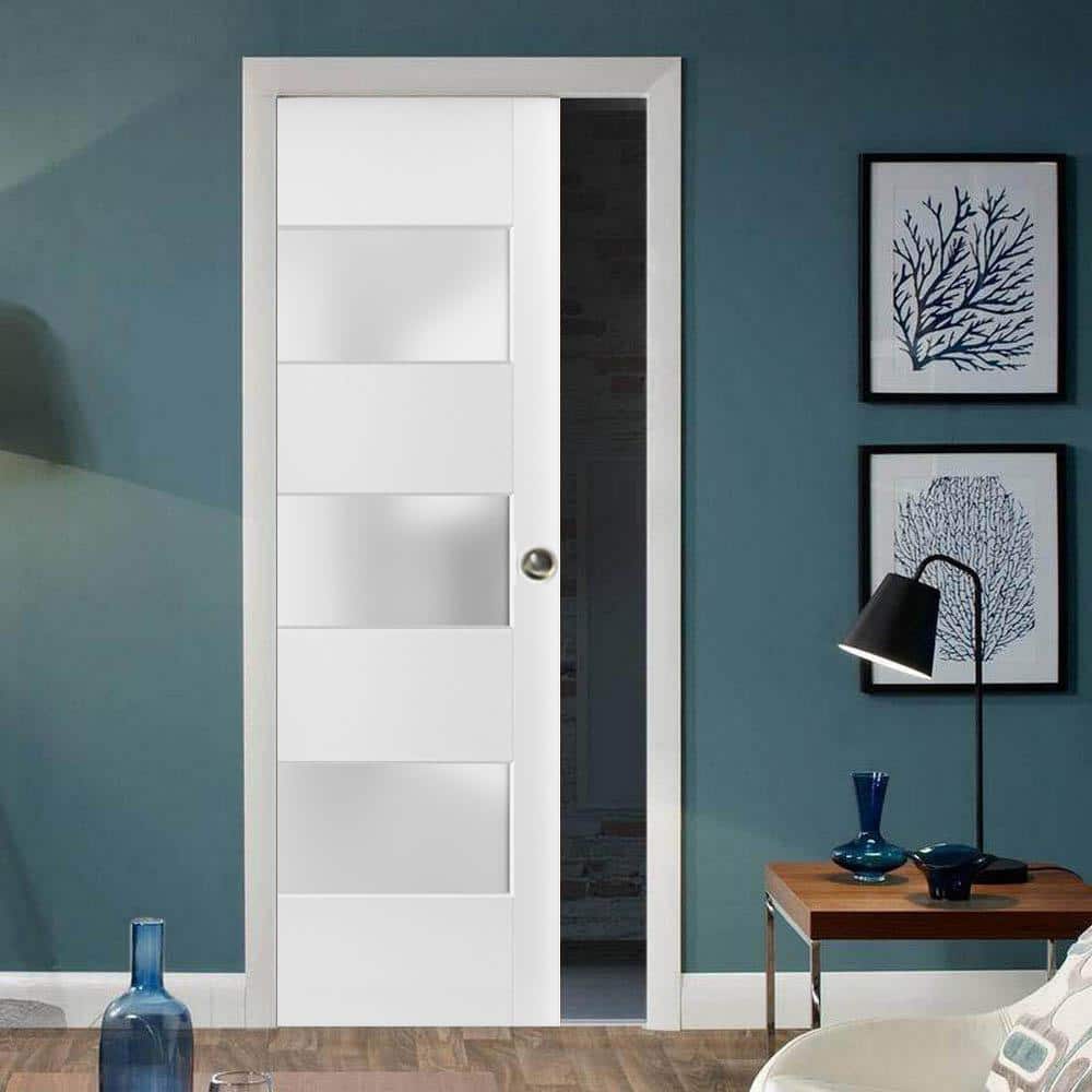 Pine Wood Interior Slab Door with Frosted Glass Panels
