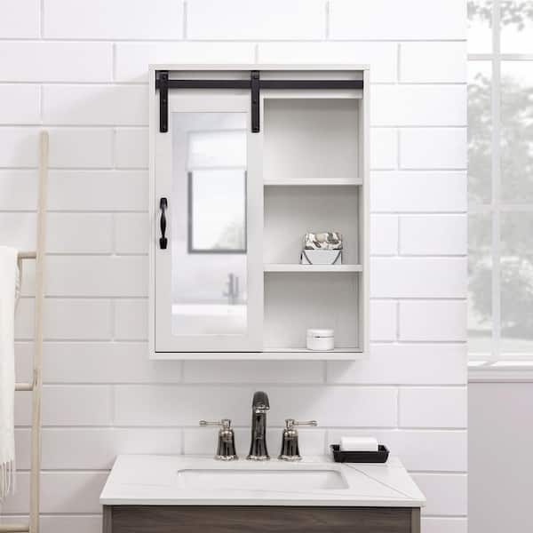 Brushed White Wood Farmhouse Wall Storage Cabinet with Sliding Mirror Door
