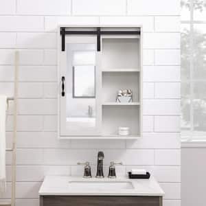Brushed White Wood Farmhouse Wall Storage Cabinet with Sliding Mirror Door