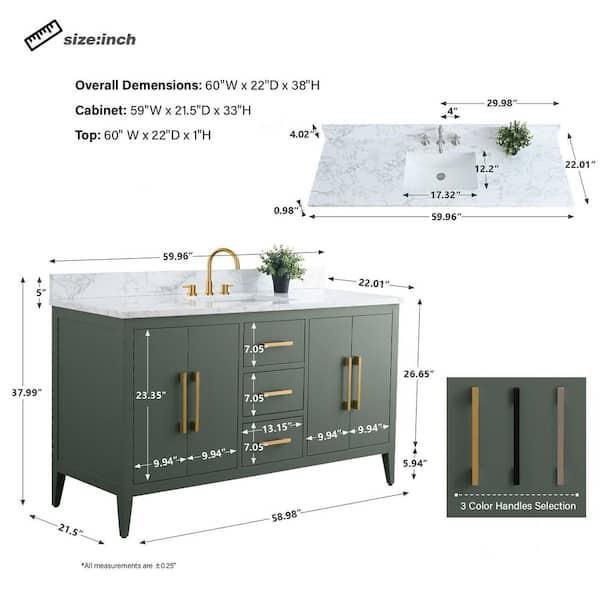 Vanity Art 60 in. W x 22 in. D x 34 in. H Single Sink