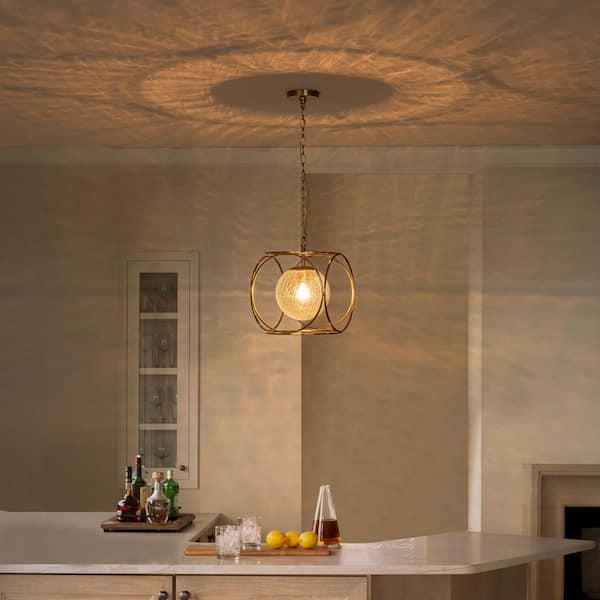 11.5 in. 1-Light Modern Copper Metal Pendant Light with Clear Crackle Globe Glass Shade for Kitchen Island, Dining Room