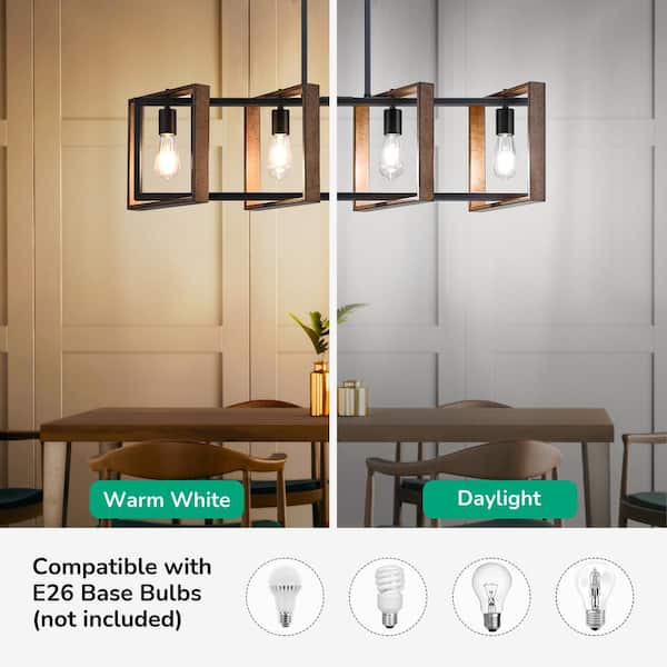 60 -Watt 4 Light Dining Room Shaded Pendant Light with Rustic Wood and Black Mental Finish Shade, No Bulbs Included