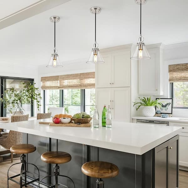 Jasslynn 60 Watt 1 Light Brushed Nickel Industrial Pendant Light with Clear Cone Glass Shade for Dining Room, Kitchen