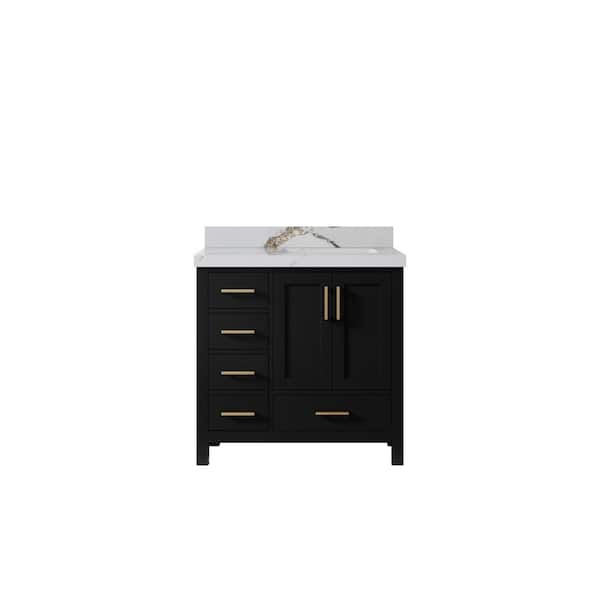 Willow Collections Malibu 36 in. W. x 22 in. D x 36 in. H Single Right Offset Sink Bath Vanity in Black with 2 in. Calcutta Gold Qt. Top
