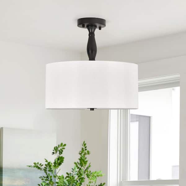 PAKOKULA 15 in. 3-Light Black Drum Dimmable Semi-Flush Mount Ceiling Light with White Fabric Shade and No Bulbs Include