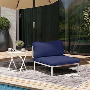 1 Piece Metal Outdoor Sectional Sofa with Navy Blue Cushions One Armrest