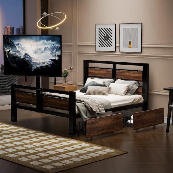 Harper & Bright Designs Black and Brown Metal Frame Twin TV Platform Bed with Rotating TV Mount, 2 Storage Drawers, MDF Headboard and Footboard