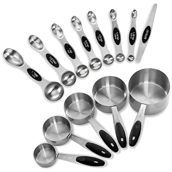 Stainless Steel 13-Piece Black Measuring Cup and Spoon Set with Magnetic Spoons and Nonslip Handles