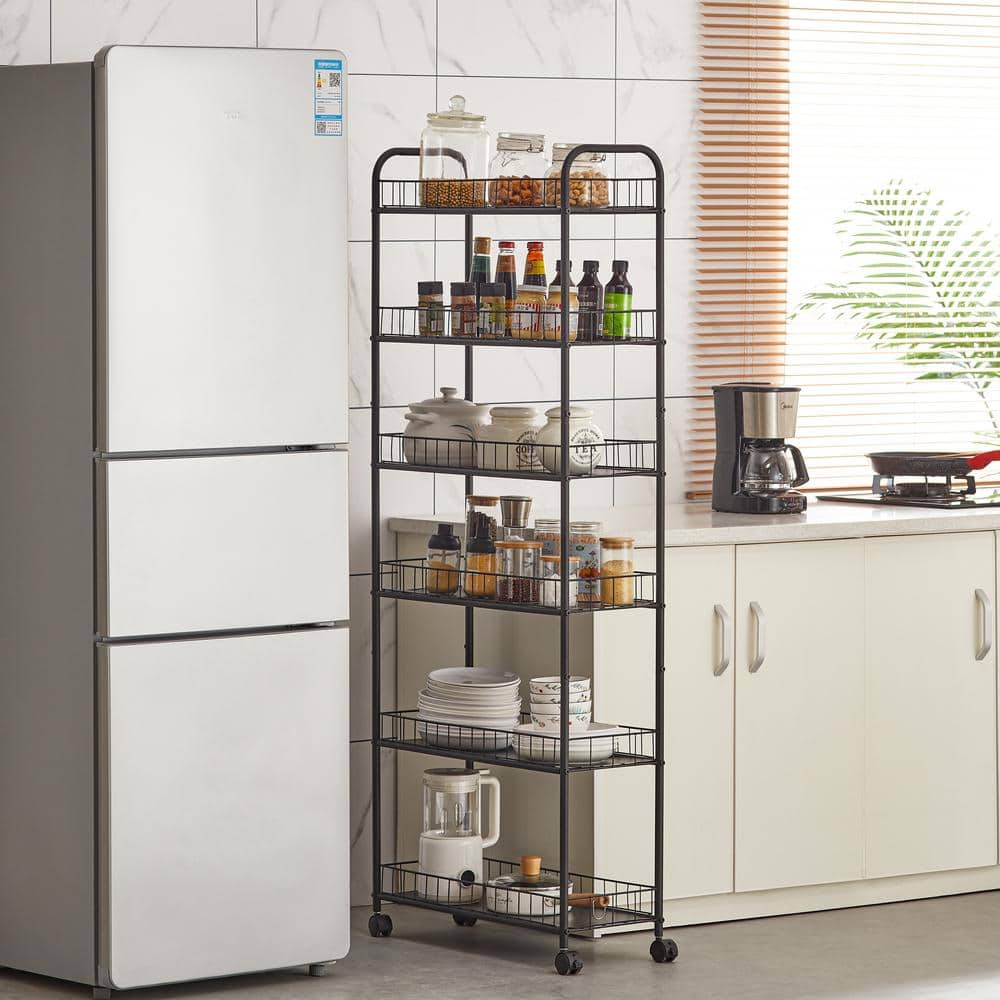 Black Metal 6-Tier Slim Rolling Storage Cart with Lockable Wheels