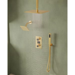 3-spray Dual Shower Head and Handheld Shower Head with Temperature Display in Brushed Gold(Valve Included)