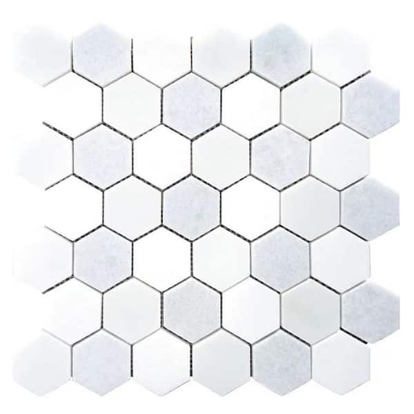 Nubes 4 in. x 5 in. Polished White, Soft Blue Marble Mosaic Hexagon Wall and Floor Tile Sample