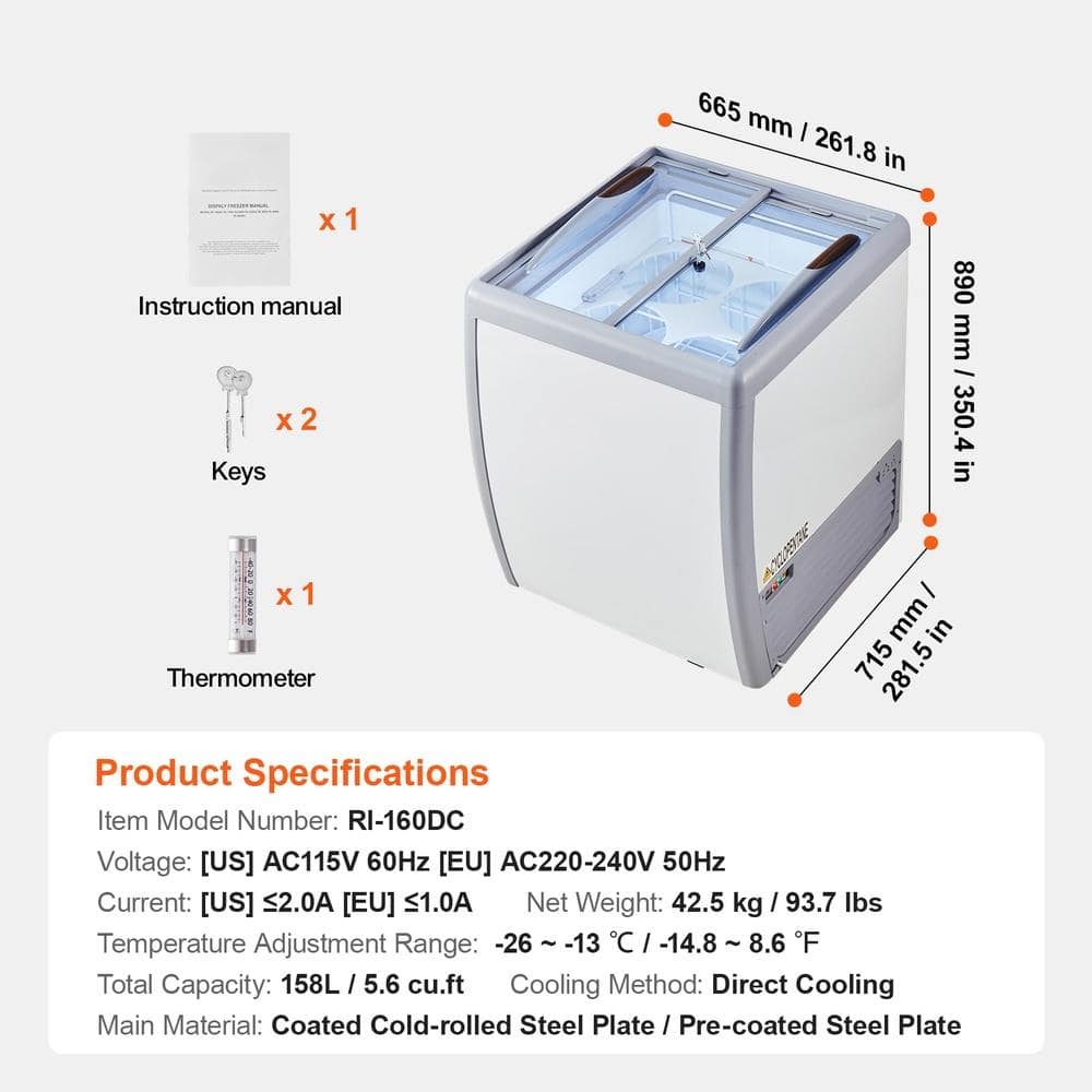 Commercial Ice Cream Display Case 5.6 Cu. Ft. Chest Freezer 2 Sliding Glass Doors Locking Casters