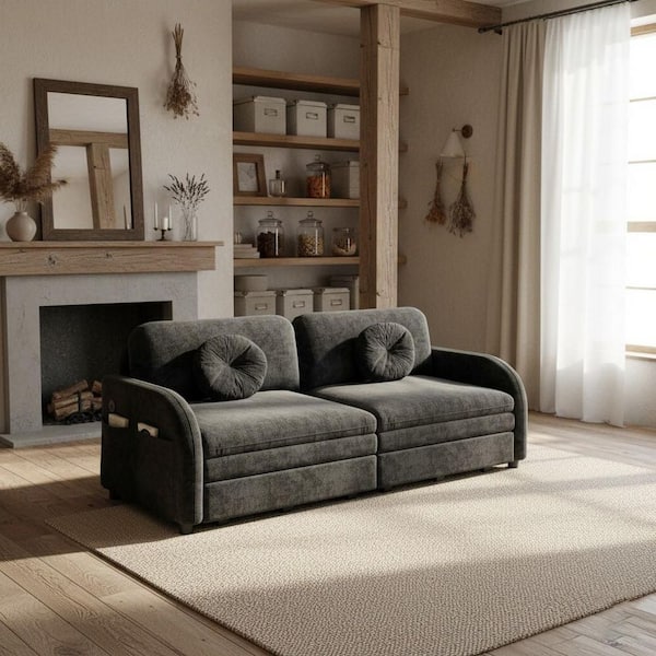 YONOQ 65.4 in. Ebony Black Modern 3-in-1 Convertible Chenille Queen Size Sofa Bed with USB Port and Storage Pockets