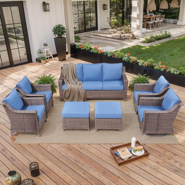 moosprr Slimline 7-Piece Brown Wicker Patio Conversation Set with Blue Olefin Cushions and Swivel Glider Chairs/Ottomans/Couch