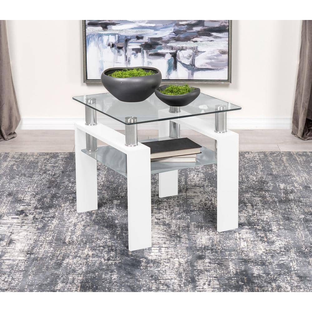22" White Metal and Glass Square End Table with Shelf