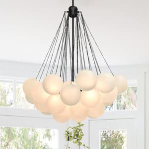 Alma 32 in. W 3-Light Cluster Globe Bubble Large Black Chandelier with 37 Frosted Glass Shade for Kid's/Living/Dining