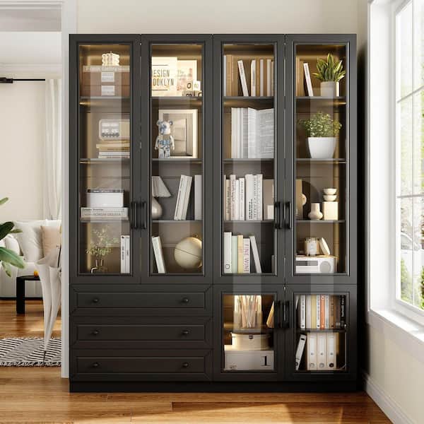 FUFU&GAGA Black Wood 63 in. W Sideboard Kitchen Cabinet with Doors