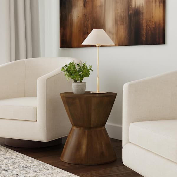 16 in. Walnut Mango Wood Round Cylinder End Table Side Table