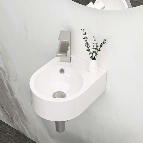 5 in. Wall-Mounted Round Bathroom Ceramic Sink in White, 13 x 10.44 Inch Wall Mount Bathroom Sink