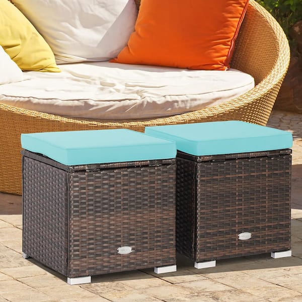 2-Piece Wicker Outdoor Ottomans Storage Box Footstool with Turquoise Cushions