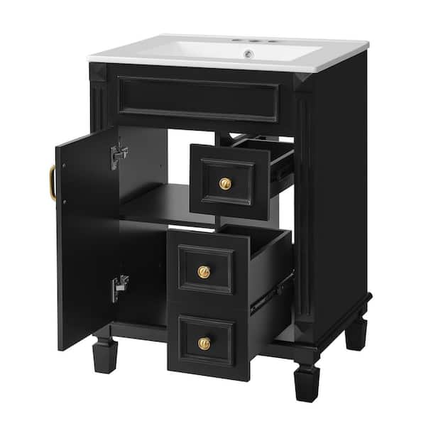 24 in. W Single Sink Freestanding Black Bath Vanity with White Ceramic Top and 2 Drawers on the Right, Unassembled