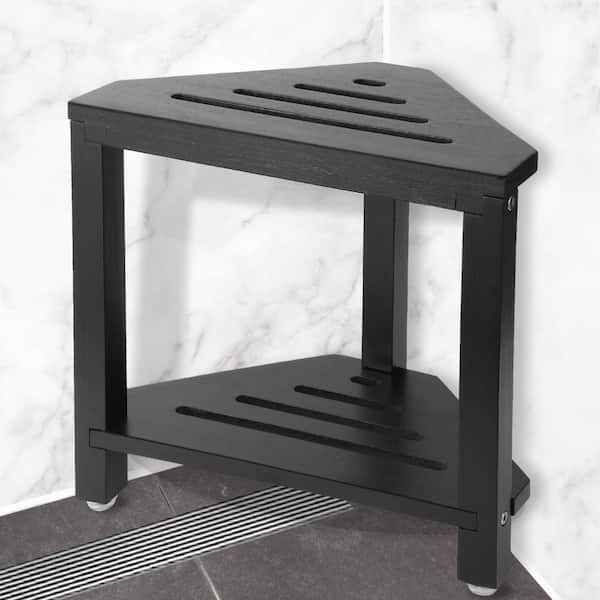 Acacia Wood Corner Shower Stool with Storage Shelf in Black, Shelf Shower Foot Rest for Shaving Legs