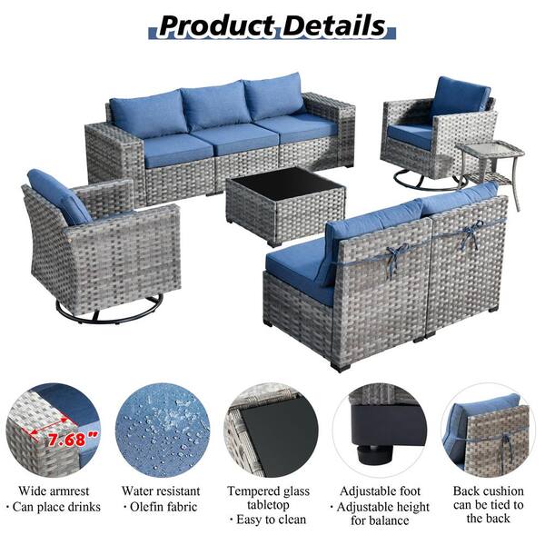 HOOOWOOO Tahoe Grey 9-Piece Wicker Outdoor Patio Conversation Sofa