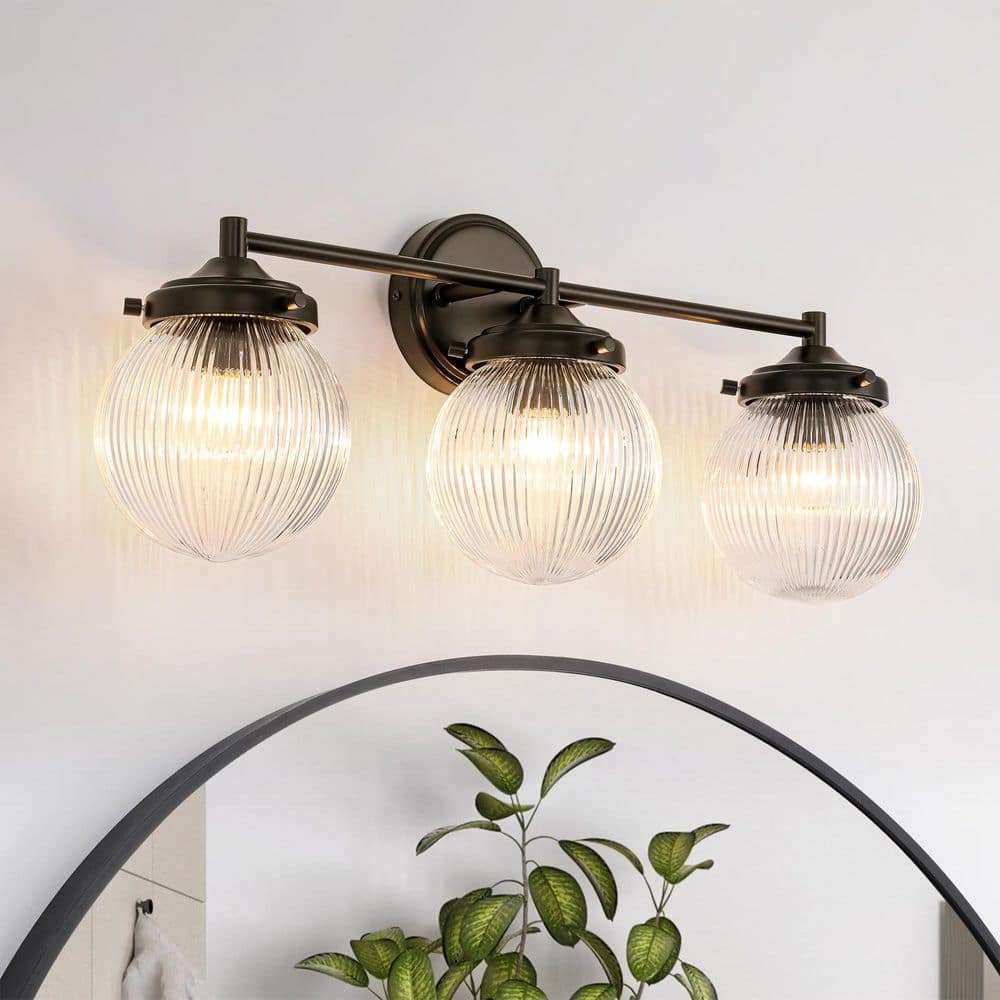 Loudoun 24.4 in. 3-Light Modern Black Linear Ribbed Glass Globe Bubble Bathroom Vanity Light over Mirror price history on PriceWatchPro