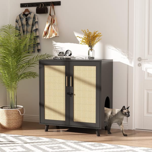 FUFU&GAGA Modern Cat Litter Box Enclosure for Rooms, Black Hidden Litter Box Furniture Cat Washroom Storage with Lock Sisal Door