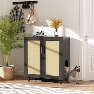Modern Cat Litter Box Enclosure for Rooms, Black Hidden Litter Box Furniture Cat Washroom Storage with Lock Sisal Door