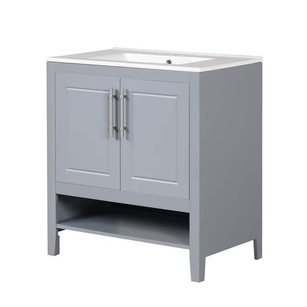 Unbranded 30.00 in. W x 18.30 in. D x 33.00 in. H Freestanding Bath Vanity in Gray with White Ceramic Top,-Doors and-Drawers