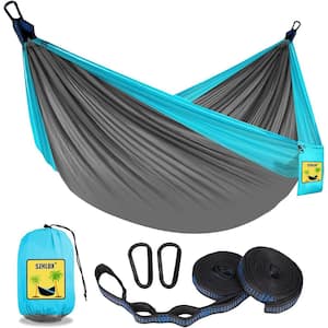 8.8 ft. Double and Single Medium Portable Hammock with Storage Bag, 2 10-ft Talon Straps in Light Gray and Sky Blue