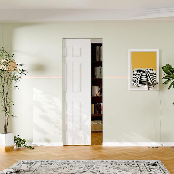 30 in. x 80 in. 6-Panel, Hollow Core, White Primed, MDF, Textured Pre-Assembled Sliding Door with All Hardware