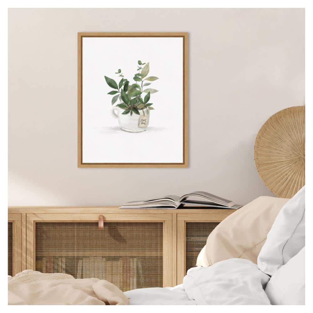 Botanical Mug I Green Leaves on White Canvas with Maple Frame
