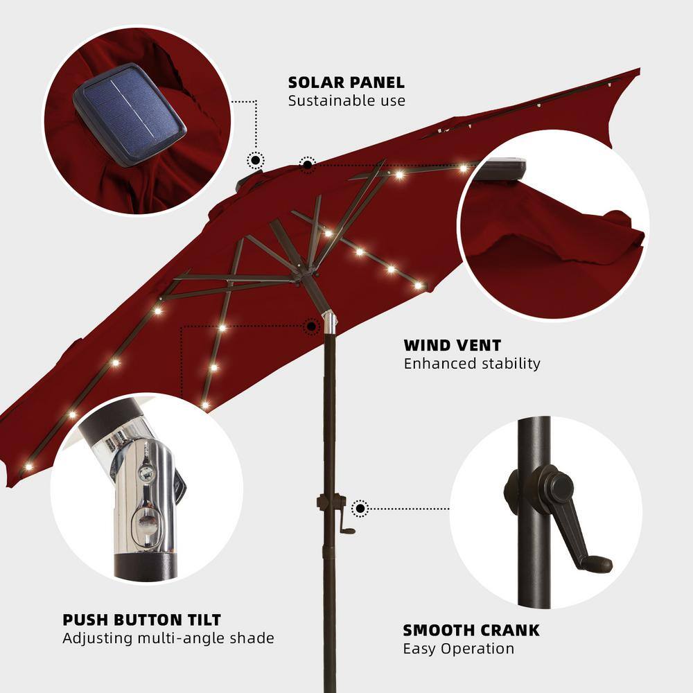 Burgundy 9 ft. Solar LED Market Patio Umbrella with Crank and Tilt