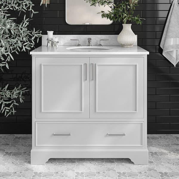 ARIEL Stafford 36 in. Single Sink Freestanding Bathroom Vanity in Gray with 0.75 in. Carrara White Marble Top