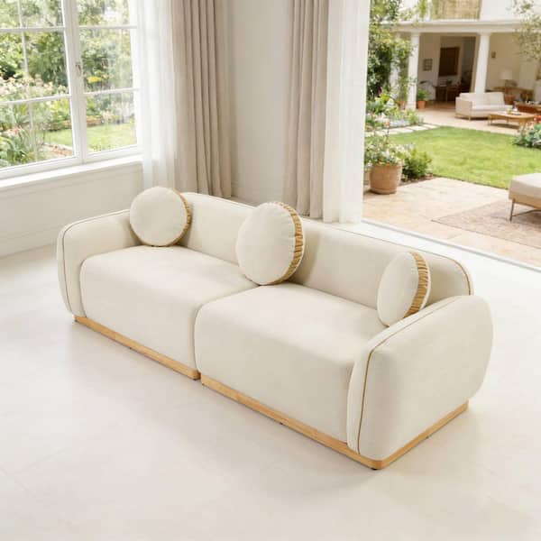 Tyro Modern 90.94 in. Round Arms Chenille Upholstered Rectangle 3-Seater Sofa in Beige + White with Round Pillows