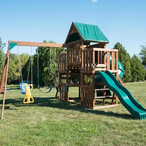 Denali Tower Ready-To-Assemble Wooden Outdoor Playset with 2 Slides, Rock Wall, Swings and Swing Set Accessories