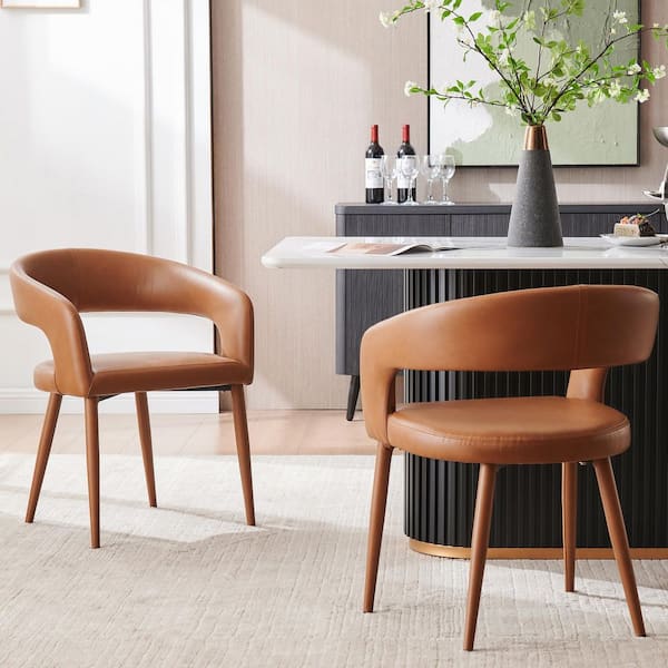 Vintage Caramel Brown Faux Leather Dining Chair with Curved Backrest and Upholstered Seat for Kitchen Set of 2