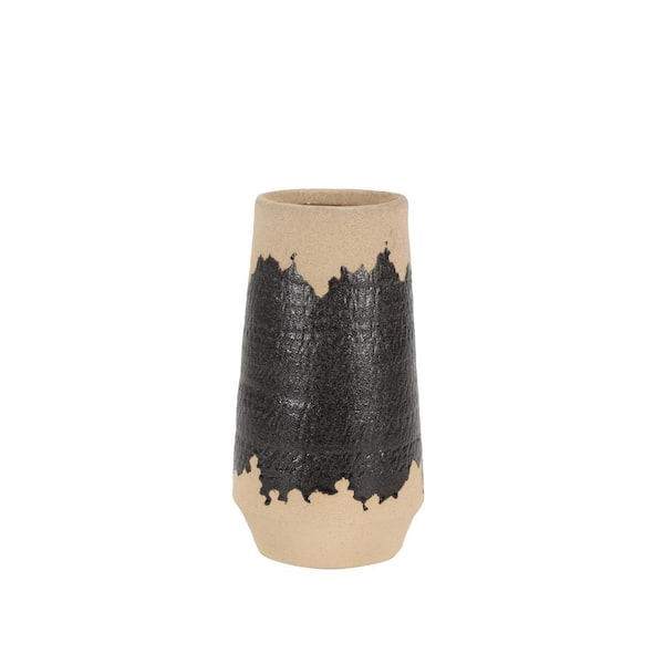 Litton Lane 12 in. Black Porcelain Ceramic Decorative Vase with Terracotta Details